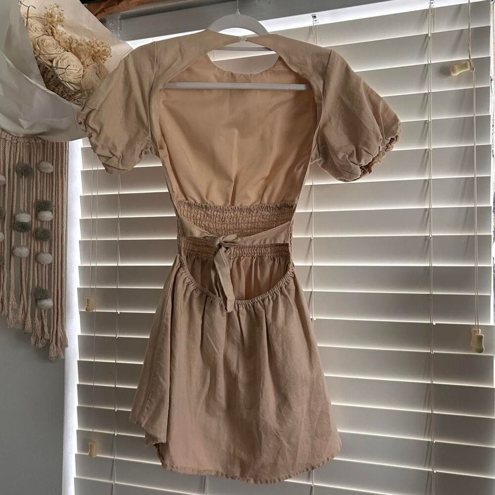 Peppermayo tan Lani Linen open back Mini Dress | babydoll size 2 - Picture 6 of 8